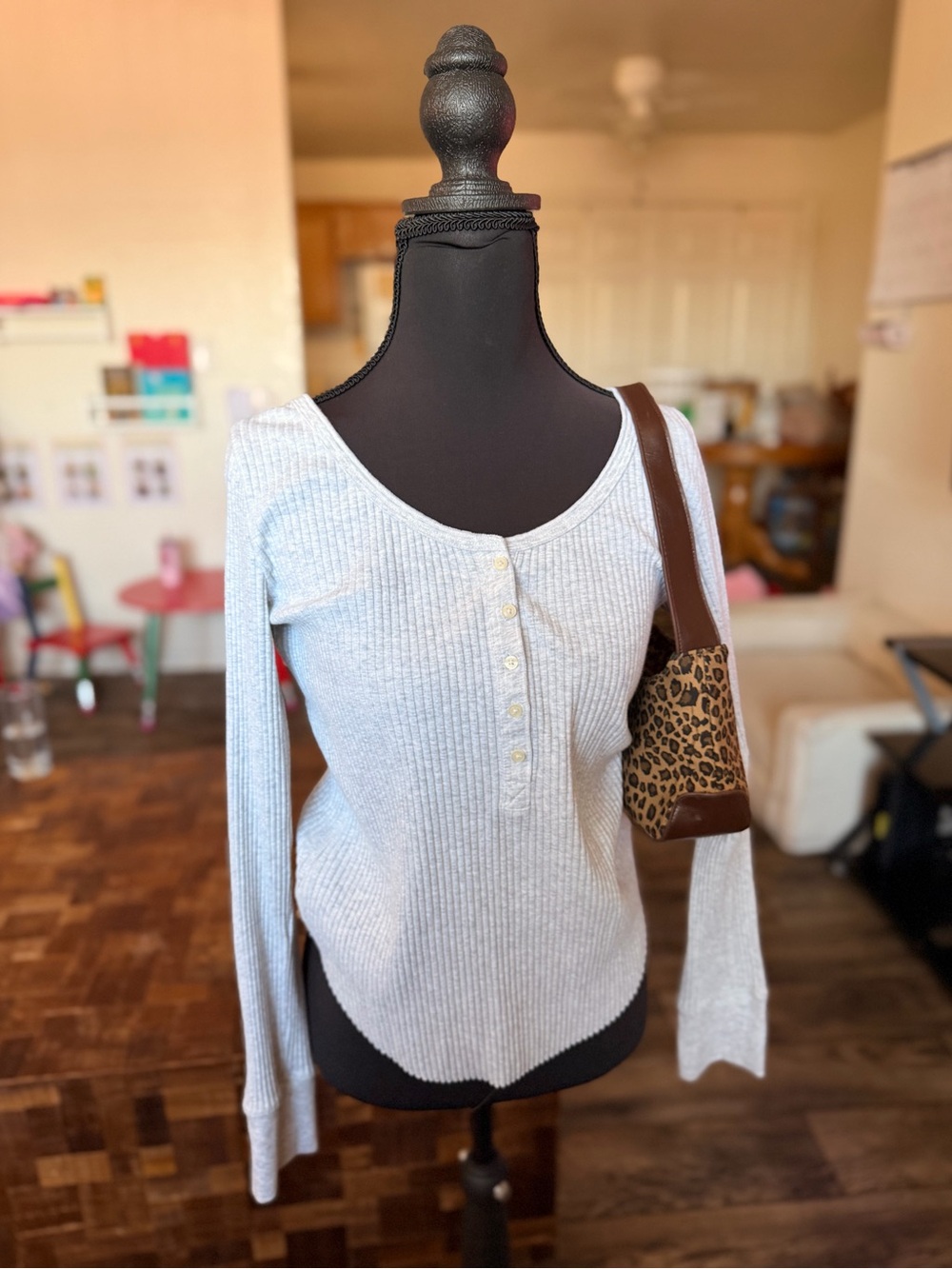aerie Light Gray Ribbed Henley Scoop Neck Sweater